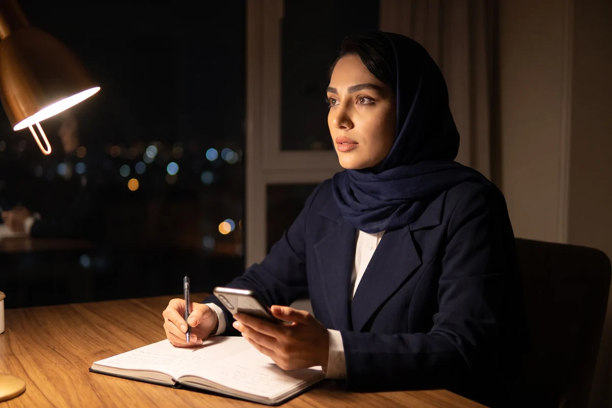 فاطمه شب هنگام، پشت میز خانه، با گوشی در دست و یادداشتی نیمه‌نوشته